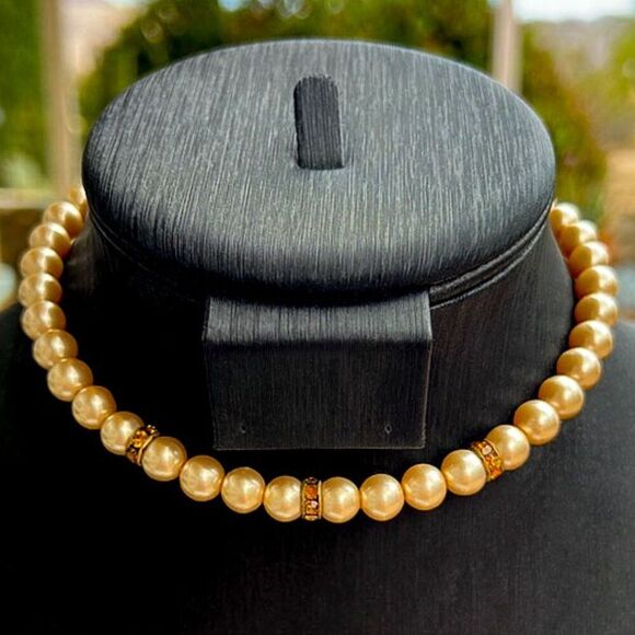 Vintage Champagne Pearl & Amber Rhinestone Choker Necklace - Picture 1 of 7